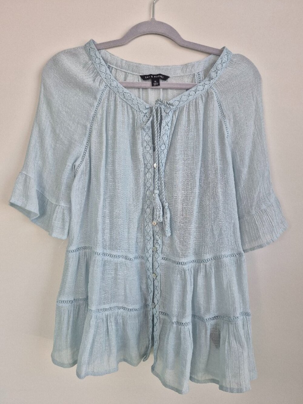 Zac & Rachel Tassel Tie Top – Blue Peasant Style – Size XL